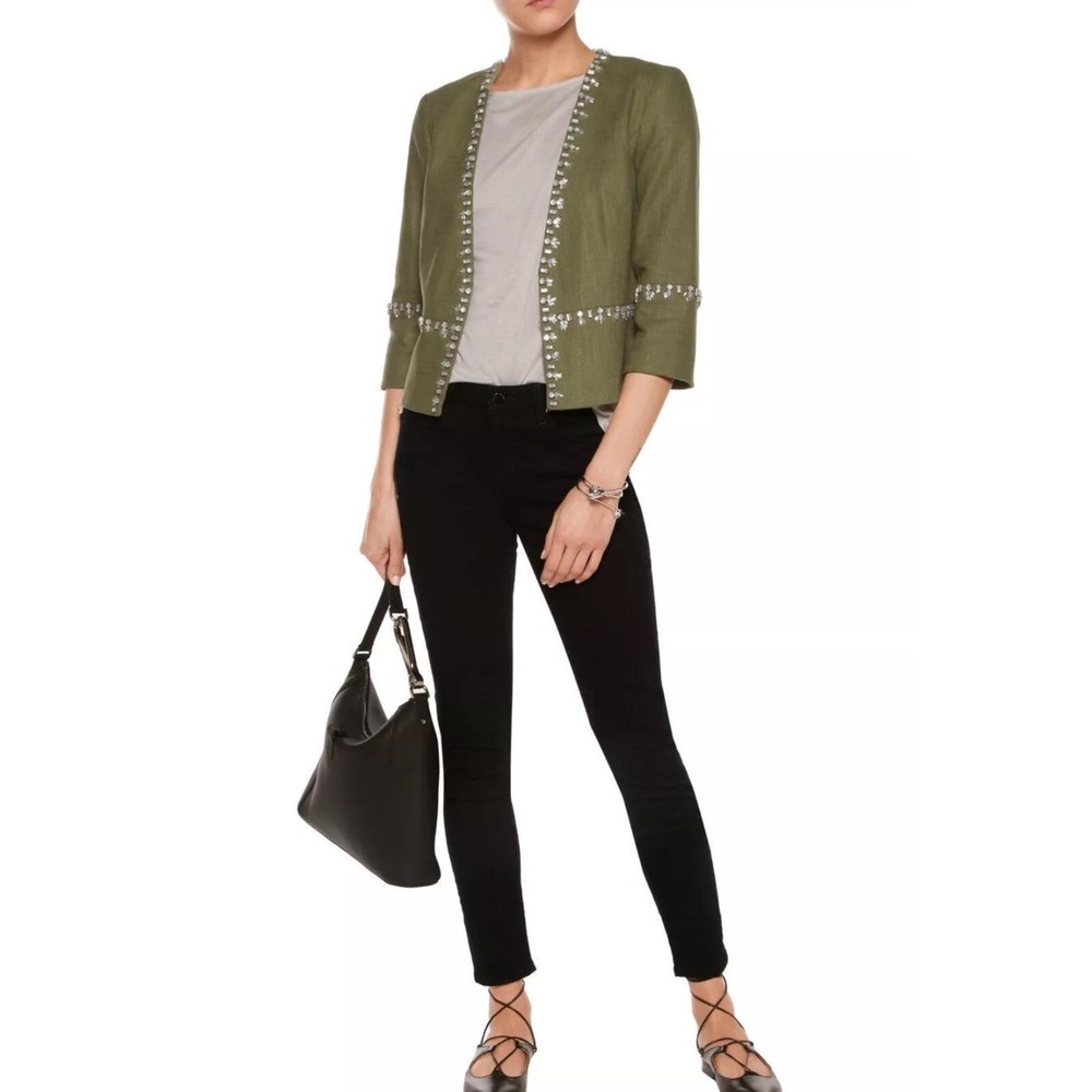 TORY BURCH Avery Hills Linen Blend 3/4 Jacket Blazer Olive Green Size 4 New